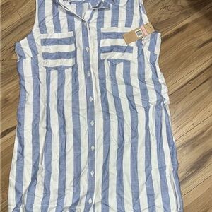 Blue & White Vertical Stripe Sleeveless Button-Front Dress